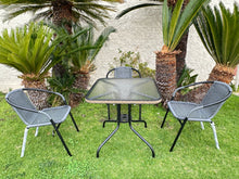 BTExpert Indoor Outdoor 28" Square Tempered Glass Metal Table Gray Rattan Trim + 3 Gray Restaurant Rattan Stack Chairs