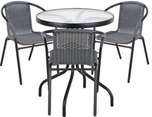 BTExpert Indoor Outdoor 23.75" Round Tempered Glass Metal Table + 3 Gray Restaurant Rattan Stack Chairs