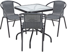BTExpert Indoor Outdoor 23.75" Square Tempered Glass Metal Table + 3 Gray Restaurant Rattan Stack Chairs