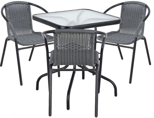 BTExpert Indoor Outdoor 23.75" Square Glass Metal Table + 3 Gray Rattan Stack Chairs