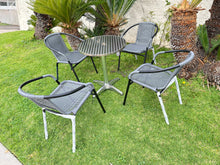 BTExpert Indoor Outdoor 23.75" Round Restaurant Table Stainless Steel Silver Aluminum + 4 Gray Restaurant Rattan Stack Chairs Commercial Lightweight