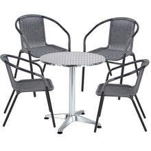 BTExpert Indoor Outdoor 23.75" Round Restaurant Table Stainless Steel Silver Aluminum + 4 Gray Restaurant Rattan Stack Chairs Commercial Lightweight