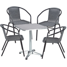 BTExpert Indoor Outdoor 23.75" Square Restaurant Table Stainless Steel Silver Aluminum + 4 Gray Restaurant Rattan Stack Chairs Commercial Lightweight