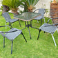 BTExpert Indoor Outdoor 28" Square Glass Metal Table Gray Rattan Trim + 4 Gray Rattan Stack Chairs