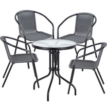 BTExpert Indoor Outdoor 23.75" Round Tempered Glass Metal Table + 4 Gray Restaurant Rattan Stack Chairs Commercial Lightweight