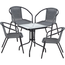 BTExpert Indoor Outdoor 23.75" Square Tempered Glass Metal Table + 4 Gray Restaurant Rattan Stack Chairs Commercial Lightweight