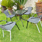 BTExpert 23.75" Round Glass Metal Table + 4 Gray Rattan Stack Chairs, Indoor Outdoor Commercial Lightweight