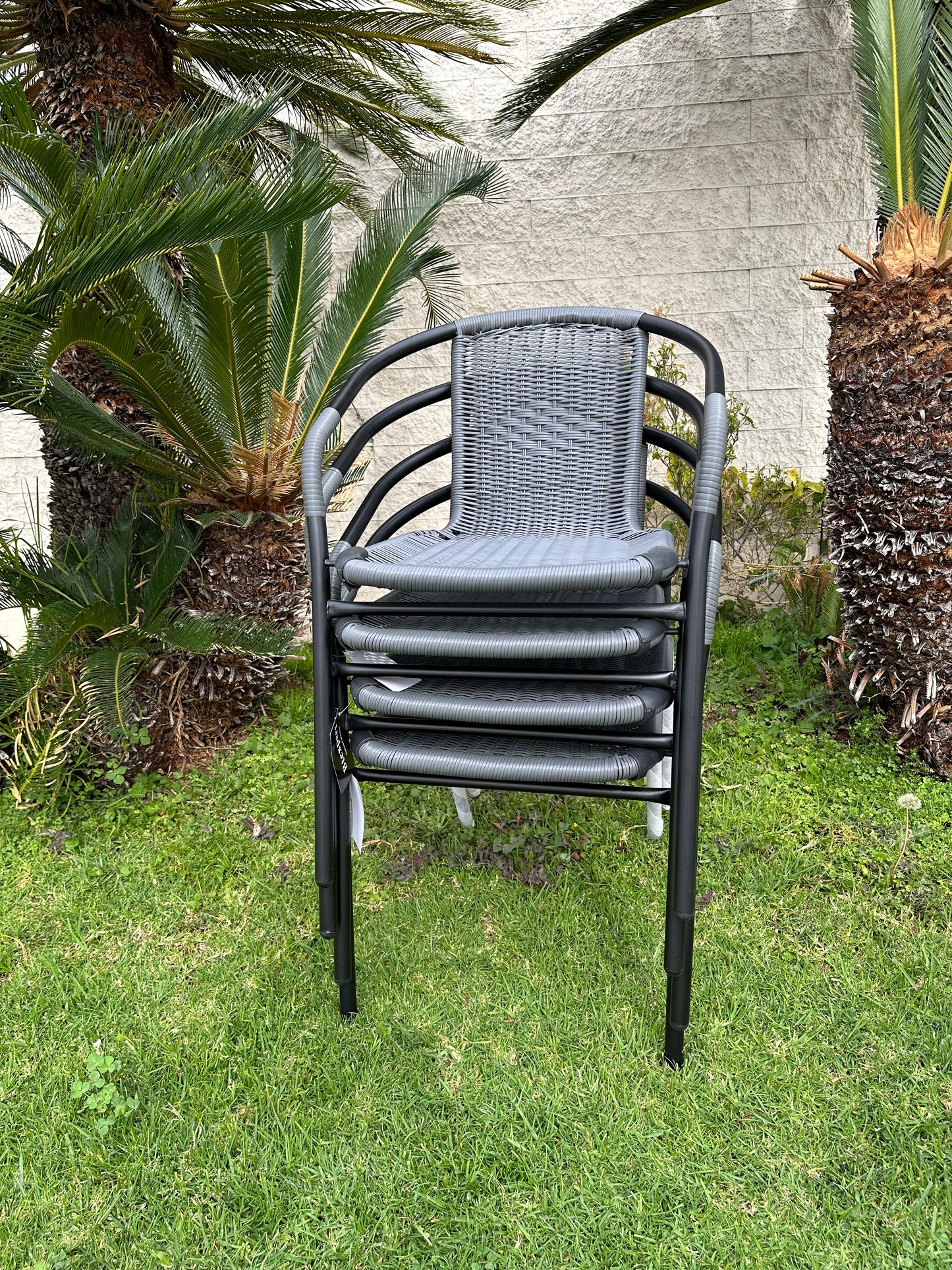 BTExpert Indoor Outdoor 28" Round Glass Metal Table Gray Rattan Trim + 3 Gray Rattan Stack Chairs