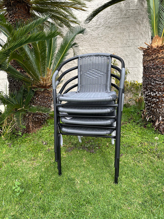 BTExpert 23.75" Round Stainless Steel Table + 4 Gray Rattan Stack Chairs, Indoor Outdoor Commercial Lightweight