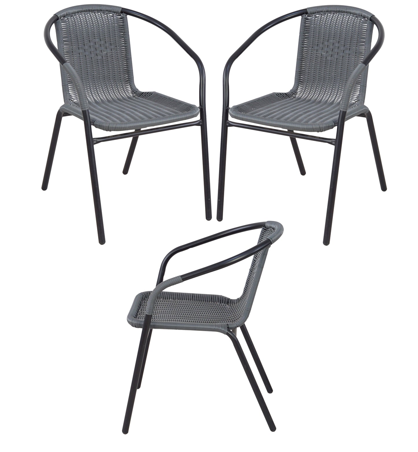 BTExpert Indoor Outdoor 28" Round Glass Metal Table Gray Rattan Trim + 3 Gray Rattan Stack Chairs