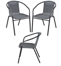 BTExpert Indoor Outdoor 28" Round Tempered Glass Metal Table Gray Rattan Trim + 3 Gray Restaurant Rattan Stack Chairs