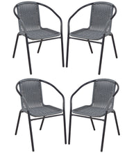BTExpert Indoor Outdoor 28" Round Tempered Glass Metal Table Gray Rattan Trim + 4 Gray Restaurant Rattan Stack Chairs