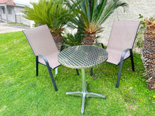 BTExpert Indoor Outdoor 23.75" Round Restaurant Table Stainless Steel Silver Aluminum + 2 Brown Flexible Sling Stack Chairs Commercial Lightweight