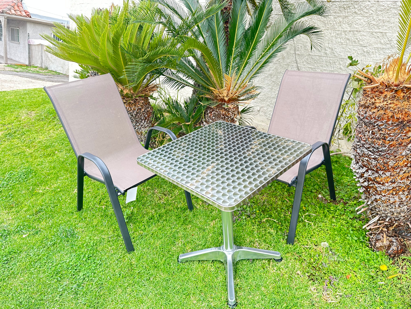 BTExpert 23.75" Square Steel Table + 2 Brown Flexible Sling Stack Chairs Indoor Outdoor Commercial Lightweight