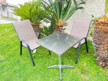 BTExpert Indoor Outdoor 23.75" Square Restaurant Table Stainless Steel Silver Aluminum + 2 Brown Flexible Sling Stack Chairs Commercial Lightweight