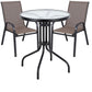 BTExpert Indoor Outdoor 23.75" Round Tempered Glass Metal Table + 3 Brown Flexible Sling Stack Chairs