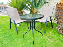 BTExpert Indoor Outdoor 23.75" Round Tempered Glass Metal Table + 2 Brown Flexible Sling Stack Chairs