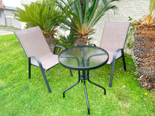 BTExpert Indoor Outdoor 23.75" Round Tempered Glass Metal Table + 2 Brown Flexible Sling Stack Chairs