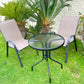 BTExpert Indoor Outdoor 23.75" Round Tempered Glass Metal Table + 3 Brown Flexible Sling Stack Chairs