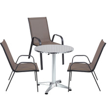 BTExpert Indoor Outdoor 23.75" Round Restaurant Table Stainless Steel Silver Aluminum + 3 Brown Flexible Sling Stack Chairs Commercial Lightweight