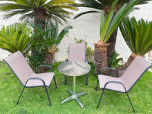 BTExpert Indoor Outdoor 23.75" Round Restaurant Table Stainless Steel Silver Aluminum + 3 Brown Flexible Sling Stack Chairs Commercial Lightweight