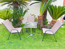 BTExpert Indoor Outdoor 23.75" Square Restaurant Table Stainless Steel Silver Aluminum + 3 Brown Flexible Sling Stack Chairs Commercial Lightweight