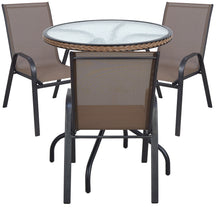 BTExpert Indoor Outdoor 28" Round Tempered Glass Metal Table Brown Rattan Trim + 3 Brown Restaurant Flexible Sling Stack Chairs