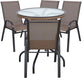 BTExpert Indoor Outdoor 28" Round Glass Table Brown Rattan Trim + 4 Brown Sling Stack Chairs