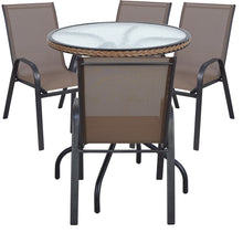 BTExpert Indoor Outdoor 28" Round Tempered Glass Metal Table Brown Rattan Trim + 4 Brown Restaurant Flexible Sling Stack Chairs