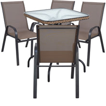 BTExpert Indoor Outdoor 28" Square Tempered Glass Metal Table Brown Rattan Trim + 4 Brown Restaurant Flexible Sling Stack Chairs