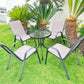 BTExpert 23.75" Round Glass Metal Table + 4 Brown Sling Stack Chairs, Indoor Outdoor Commercial Lightweight