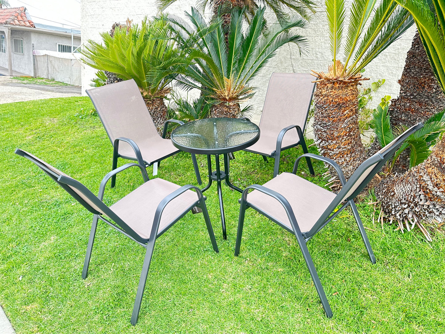 BTExpert 23.75" Round Glass Metal Table + 4 Brown Sling Stack Chairs, Indoor Outdoor Commercial Lightweight