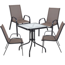 BTExpert Indoor Outdoor 23.75" Square Tempered Glass Metal Table + 4 Brown Flexible Sling Stack Chairs Commercial Lightweight