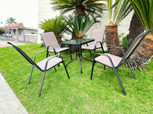 BTExpert Indoor Outdoor 23.75" Square Tempered Glass Metal Table + 4 Brown Flexible Sling Stack Chairs Commercial Lightweight
