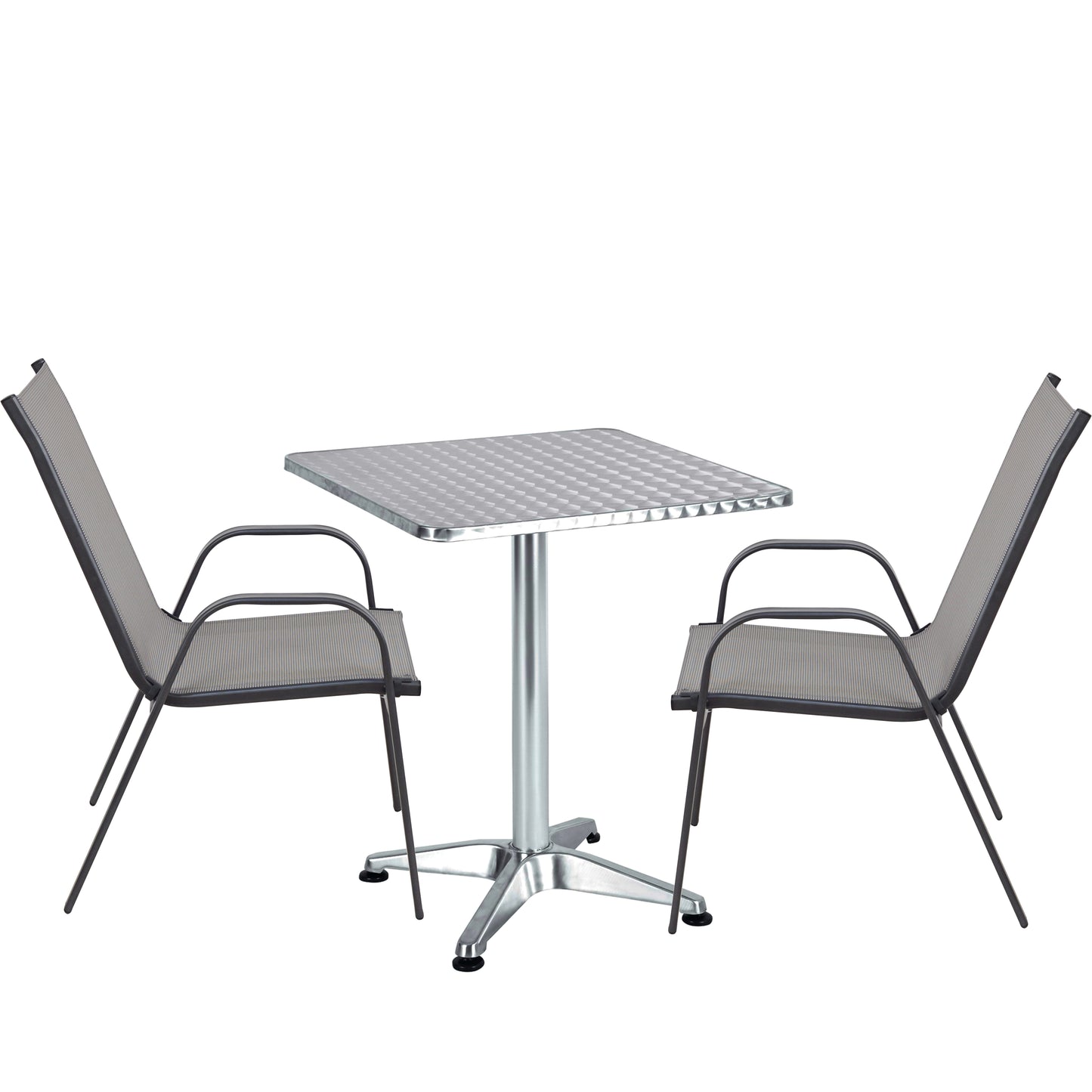 BTExpert 23.75" Square Table Steel Silver Aluminum + 2 Gray Sling Stack Chairs Indoor Outdoor Commercial Lightweight