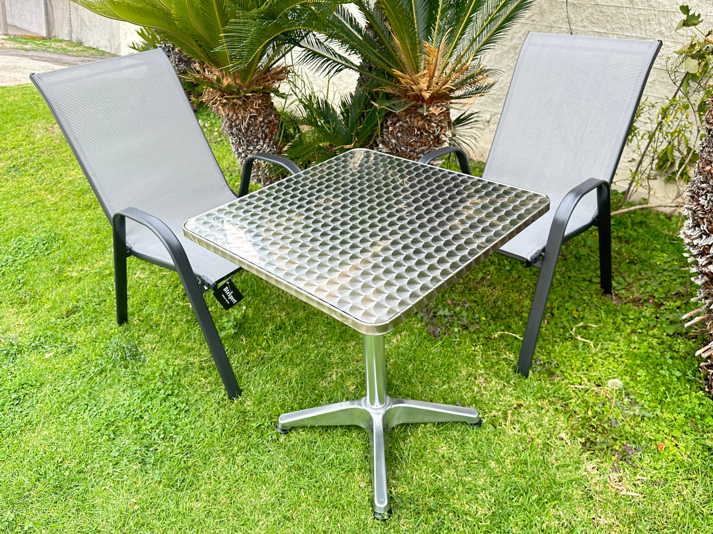 BTExpert 23.75" Square Table Steel Silver Aluminum + 2 Gray Sling Stack Chairs Indoor Outdoor Commercial Lightweight