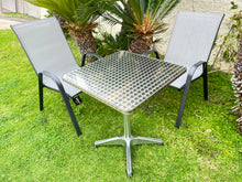 BTExpert Indoor Outdoor 23.75" Square Restaurant Table Stainless Steel Silver Aluminum + 2 Gray Flexible Sling Stack Chairs Commercial Lightweight