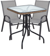 BTExpert Indoor Outdoor 28" Square Tempered Glass Metal Table Brown Rattan Trim + 2 Gray Restaurant Flexible Sling Stack Chairs