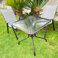 BTExpert Indoor Outdoor 28" Square Glass Metal Table w/ Brown Rattan Trim + 4 Gray Flexible Sling Chairs