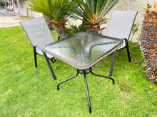 BTExpert Indoor Outdoor 28" Square Tempered Glass Metal Table Brown Rattan Trim + 4 Gray Restaurant Flexible Sling Stack Chairs