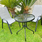 BTExpert Indoor Outdoor 23.75" Round Tempered Glass Metal Table + 2 Gray Flexible Sling Stack Chairs