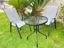 BTExpert Indoor Outdoor 23.75" Round Tempered Glass Metal Table + 2 Gray Flexible Sling Stack Chairs