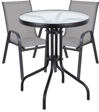 BTExpert Indoor Outdoor 23.75" Round Tempered Glass Metal Table + 2 Gray Flexible Sling Stack Chairs