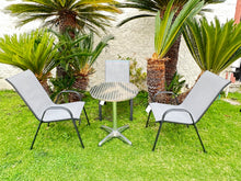 BTExpert Indoor Outdoor 23.75" Round Restaurant Table Stainless Steel Silver Aluminum + 3 Gray Flexible Sling Stack Chairs Commercial Lightweight