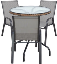 BTExpert Indoor Outdoor 28" Round Tempered Glass Metal Table Brown Rattan Trim + 3 Gray Restaurant Flexible Sling Stack Chairs