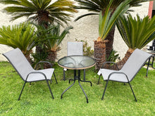 BTExpert Indoor Outdoor 28" Round Tempered Glass Metal Table Brown Rattan Trim + 3 Gray Restaurant Flexible Sling Stack Chairs