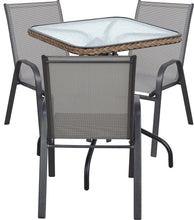BTExpert Indoor Outdoor 28" Square Tempered Glass Metal Table Brown Rattan Trim + 3 Gray Restaurant Flexible Sling Stack Chairs