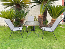 BTExpert Indoor Outdoor 28" Square Tempered Glass Metal Table Brown Rattan Trim + 4 Gray Restaurant Flexible Sling Stack Chairs