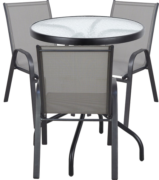BTExpert Indoor Outdoor 23.75" Round Tempered Glass Metal Table + 3 Gray Flexible Sling Stack Chairs