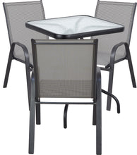 BTExpert Indoor Outdoor 23.75" Square Tempered Glass Metal Table + 3 Gray Flexible Sling Stack Chairs